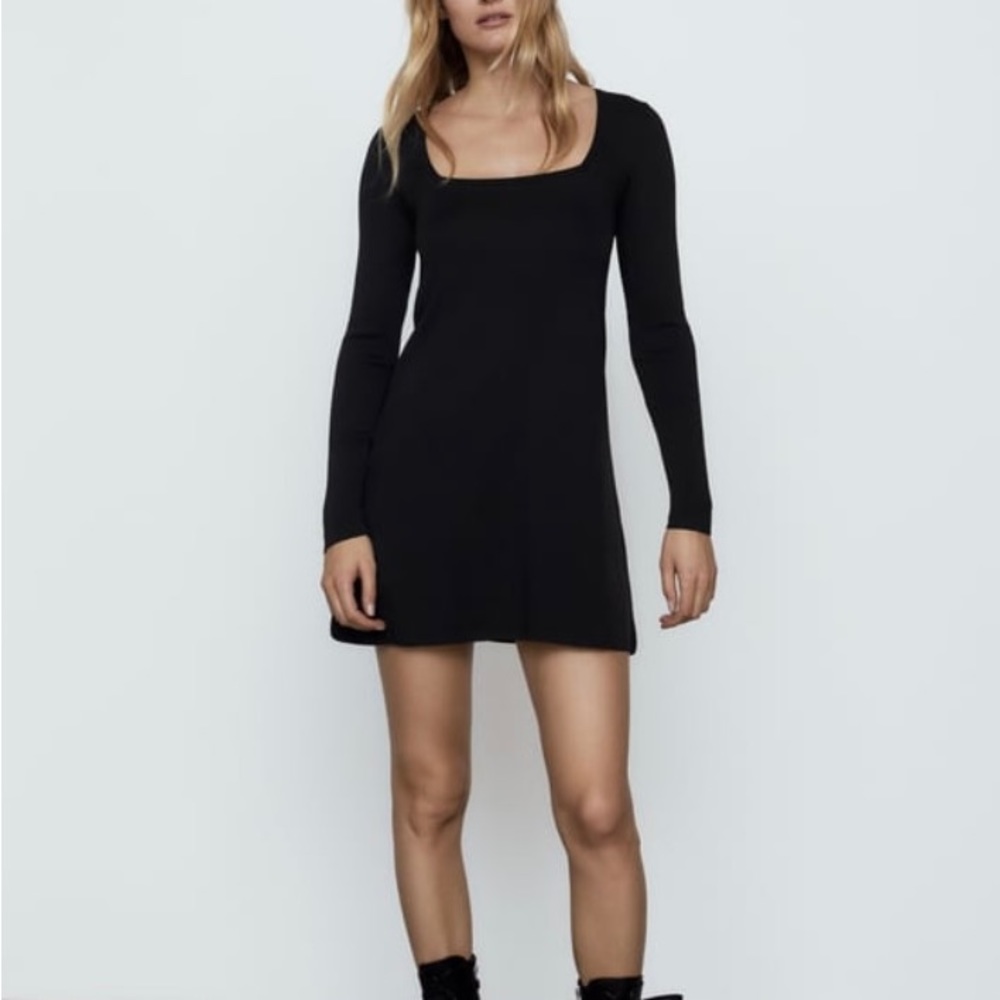 Zara Knit Mini Black Dress, Square Kneck